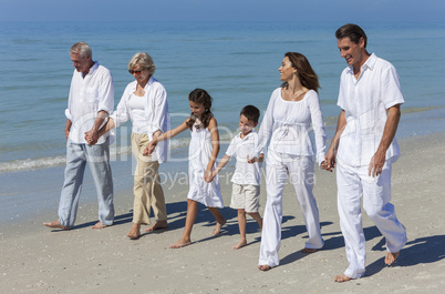 Grandparents, Mother, Father Children Family Walking Beach