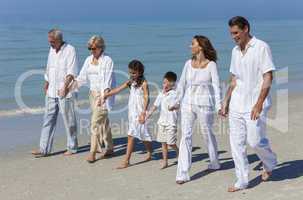 Grandparents, Mother, Father Children Family Walking Beach