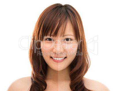 Asian woman face with half tan skin