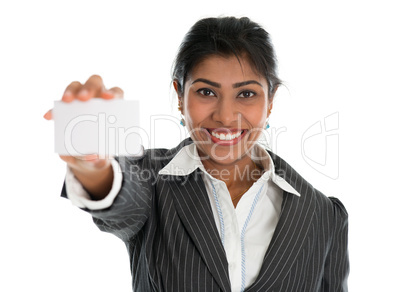 Indian businesswoman shows a blank business card