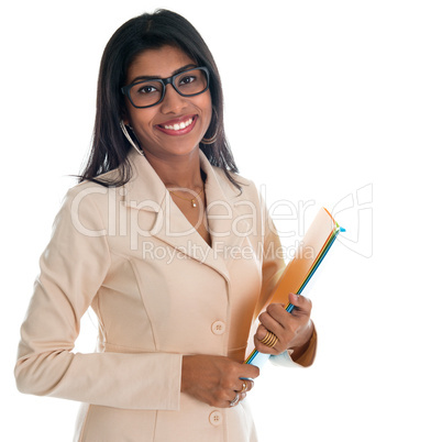 Indian businesswoman holding office file document.