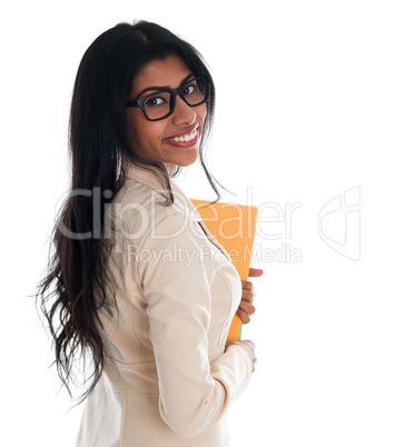 Indian business woman holding file folder document.