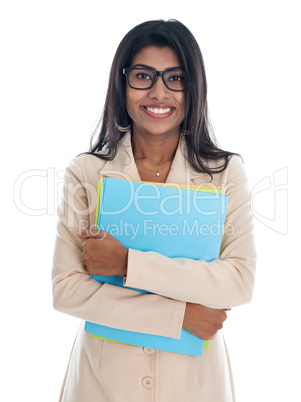 Indian business woman holding office file folder.