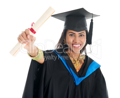 Indian graduate student showing her diploma certificate