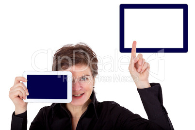 Woman holding tablet and raises a finger