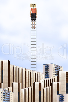 Woman with cardboard on the head is on the ladder