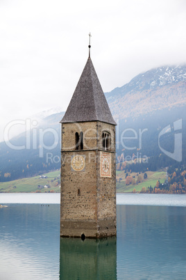 Tower of sunken church in Lago di Resia South Tyrol