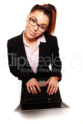 high angle view of a woman working on a laptop