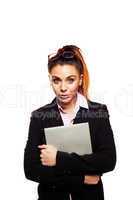 businesswoman clutching her laptop