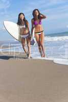 Beautiful Bikini Women Surfers & Surfboards At Beach