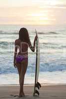 Woman Bikini Surfer & Surfboard Sunset Beach