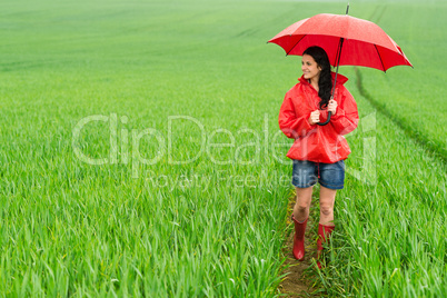 Smiling young woman standing on rainy day