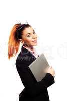 smiling businesswoman with ago laptop