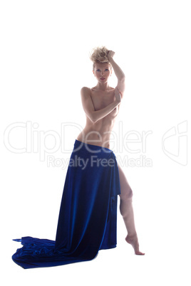 Sexy topless blonde in blue skirt