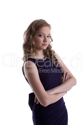Portrait of attractive girl in dark blue dress