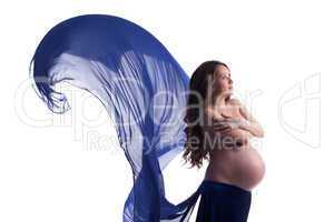 Image of pregnant woman posing with blue cloth