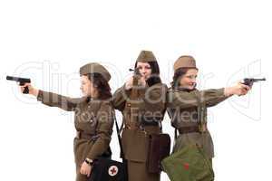 Image of women soldiers with guns posing in studio