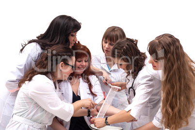 Image of cheerful interns posing in studio