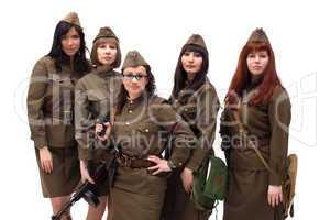 Group young attractive girls in military clothes