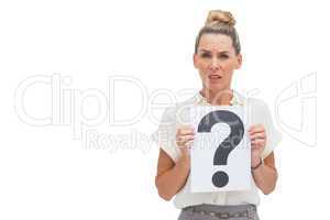 Uncertain businesswoman with question mark
