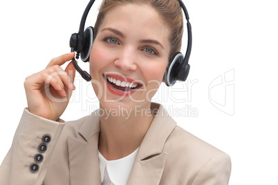 Laughing operator talking on headset