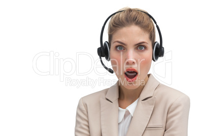 Surprised call center agent with mouth open