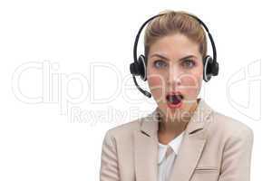 Surprised call center agent with mouth open