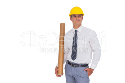 Happy architect holding a rolled up blueprint
