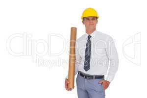 Happy architect holding a rolled up blueprint