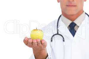 Focus shot on apple held by doctor