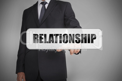 Businessman selecting the word relationship