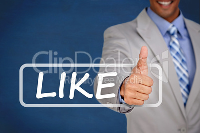 Businessman giving thumbs up with like banner