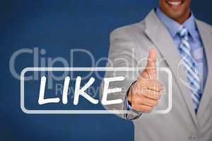 Businessman giving thumbs up with like banner