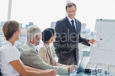 Smiling businessman pointing at whiteboard during a meeting