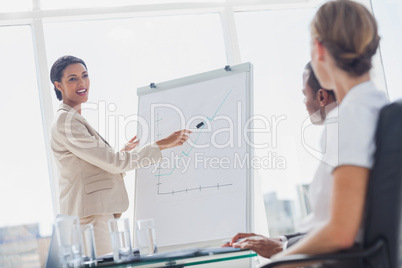 Cheerful businesswoman pointing at a growing chart