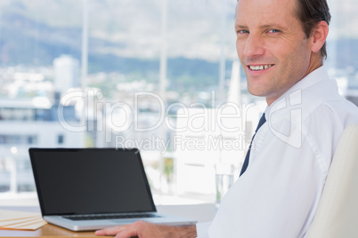 Cheerful businessman sitting in front of a laptop