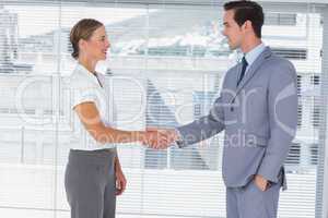 Businesswoman and man shaking hands