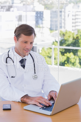 Cheerful doctor working on a laptop
