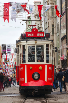 Old-fashioned red tram at the street of Istanbul