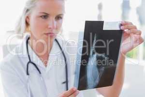 Serious nurse holding an x-ray