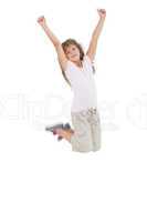 Little girl jumping and putting her hands up