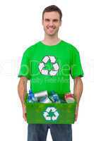 Attractive man holding box of recyclables