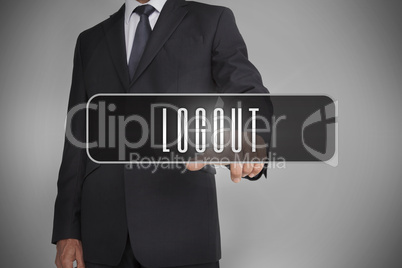 Businessman selecting label with logout written on it