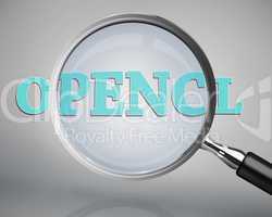 Magnifying glass showing opencl word