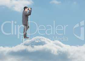 Businessman standing on ladder over the clouds