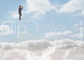 Businessman standing on a ladder over the clouds