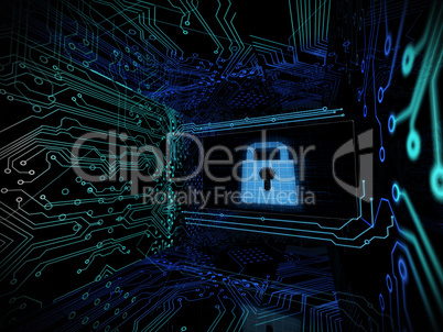 Padlock in the middle of digital circuit board