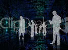 Silhouette of business people in the middle of circuit board