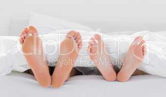 Feet of a couple under the duvet