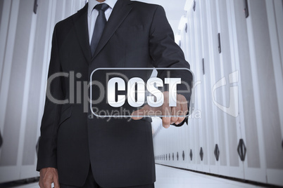 Businessman in a data center selecting label with cost